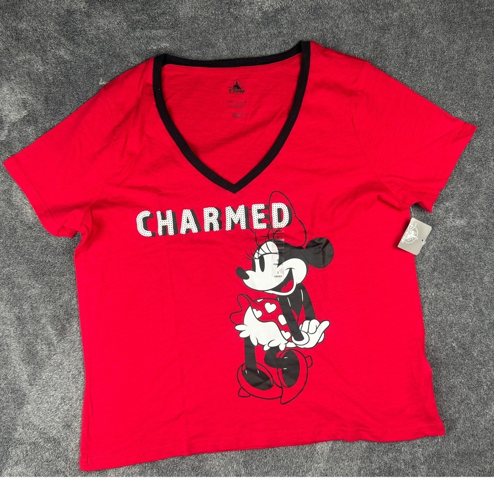 Disney Store Minnie Mouse Charmed V Neck Red Tee Womens L 3L Japan